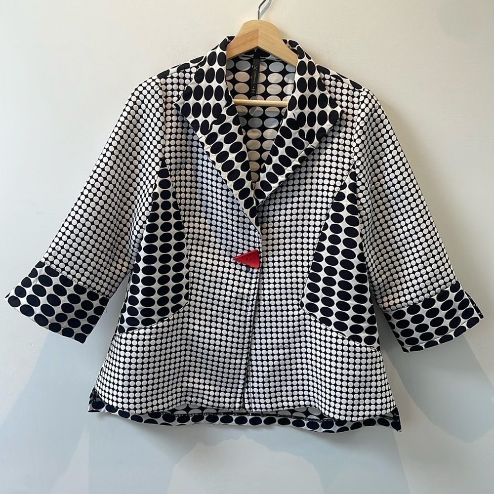 IC By CONNIE K Women's Black White Polka Dot jacket blazer S Red Button